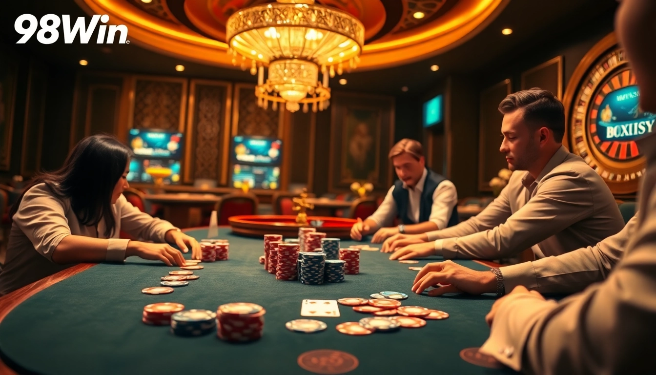 Experience the thrill of gaming with 98Win's luxurious poker scene filled with excitement.