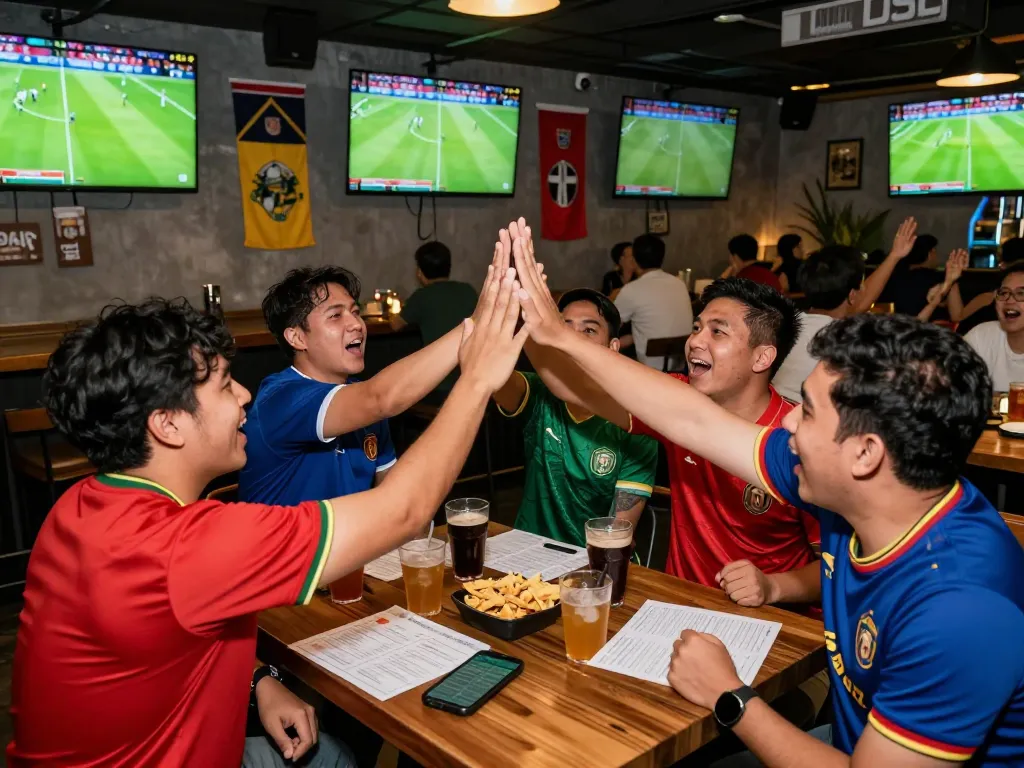 Friends enjoying Judi Bola betting experience at a lively sports bar during a match