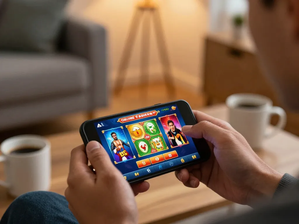 Player exploring 99Win app on smartphone for exciting online casino games in a cozy setup.