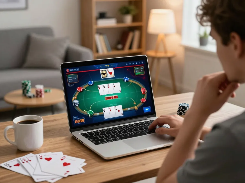 Street view of gg88 poker game interface on a laptop, featuring player's focused expression during online gaming.