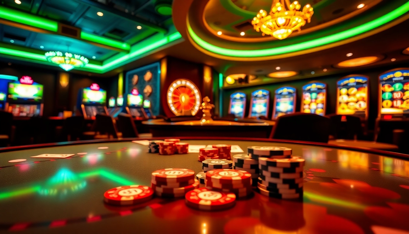 Exciting gambling scene featuring "trang chủ 28bet" with vibrant casino tables and roulette wheel.