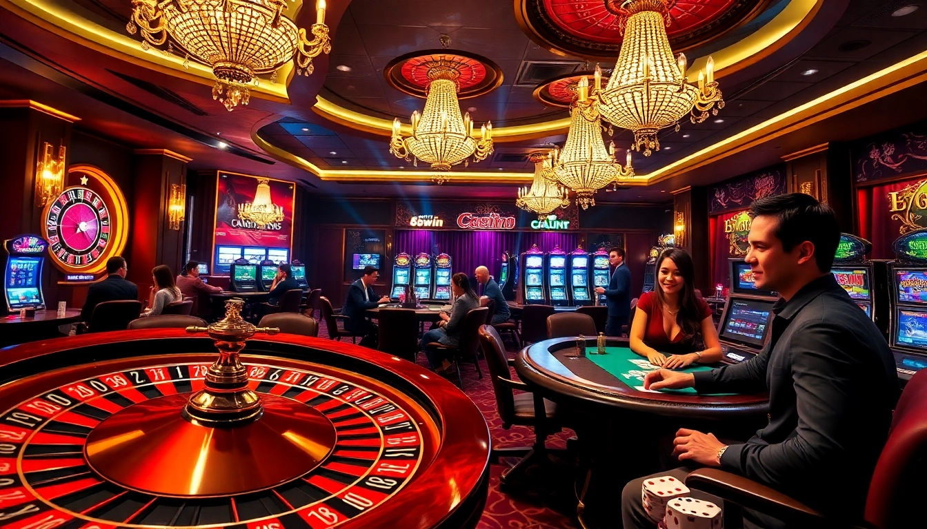 Engage in thrilling gambling action with 58win bet at a luxury casino setting featuring roulette and poker tables.