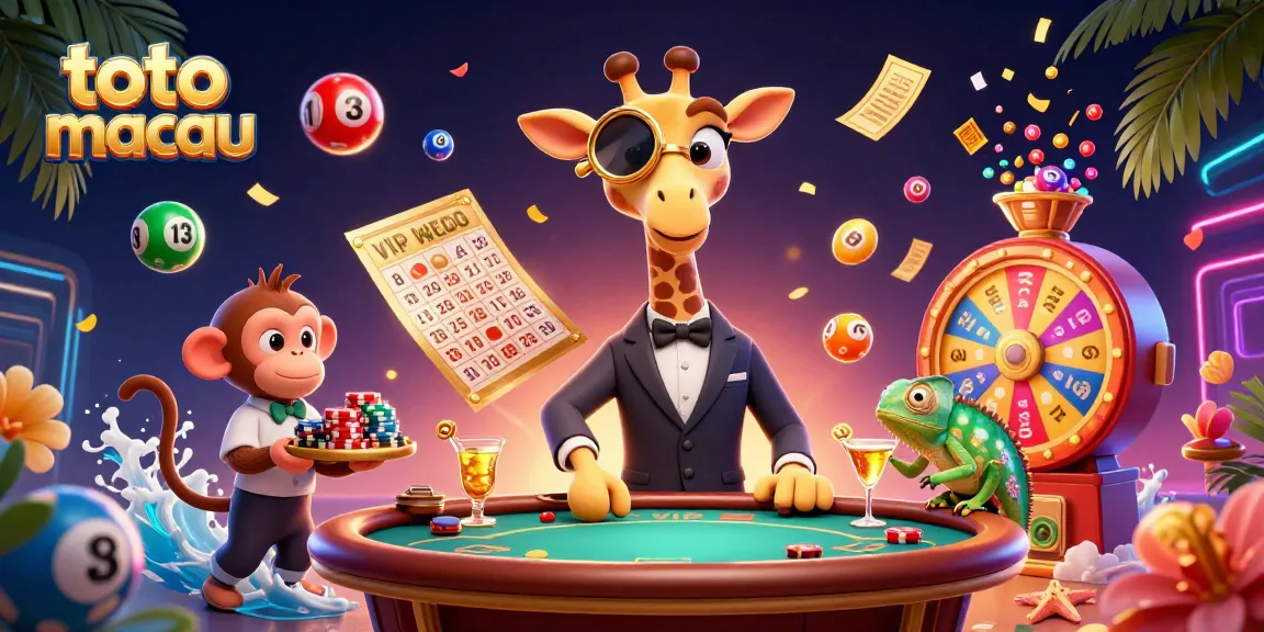 Toto Macau lottery winning illustration with dynamic characters amidst colorful elements.