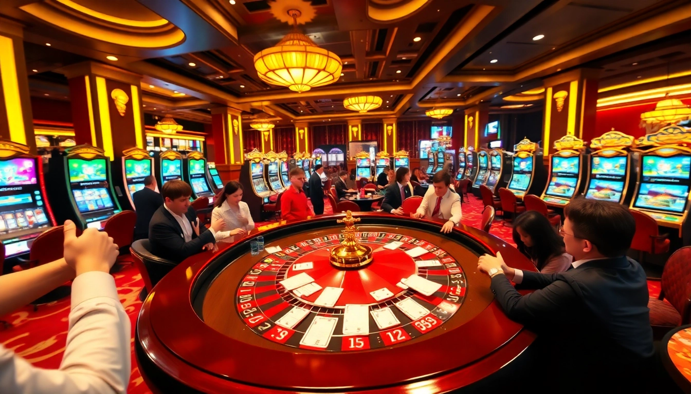 Enthusiastic players engaging at a roulette table in a luxurious lego138 casino scene, highlighting excitement and high stakes.