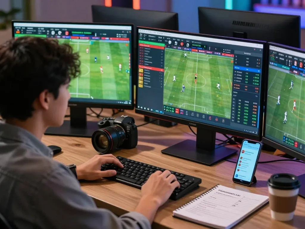 Pengguna yang terlibat menganalisis statistik pertandingan sepak bola saat memasang taruhan judi bola online, menunjukkan lingkungan taruhan online yang menarik.