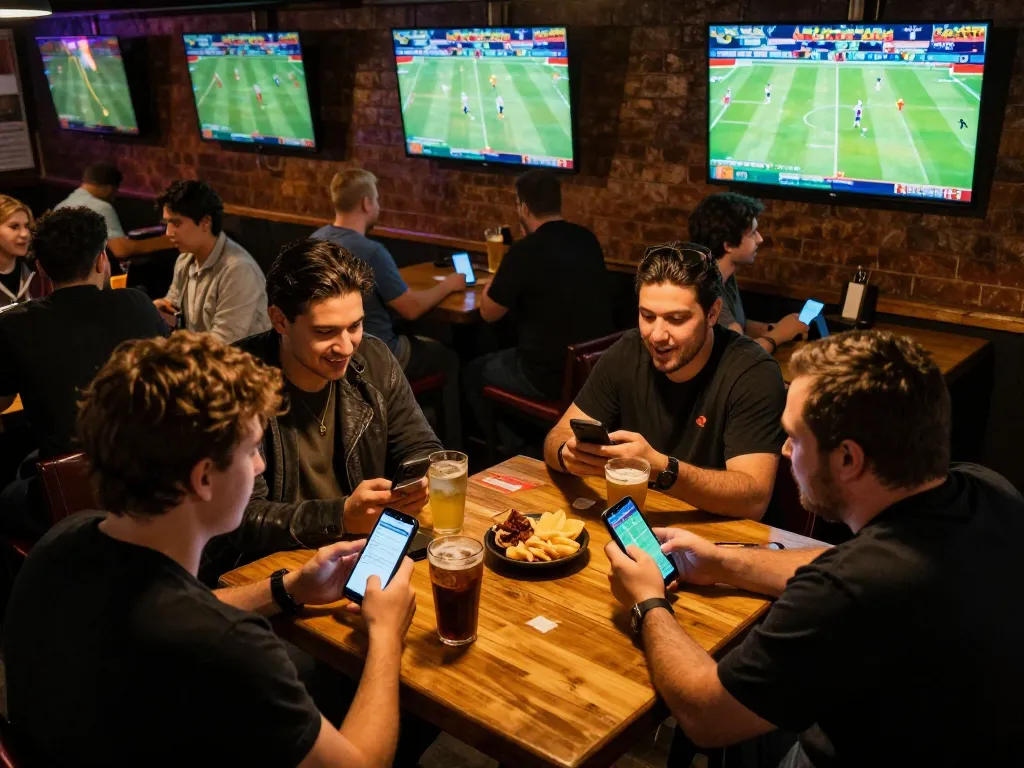 FABET sports enthusiasts actively betting while watching live games on screens in a dynamic sports bar atmosphere