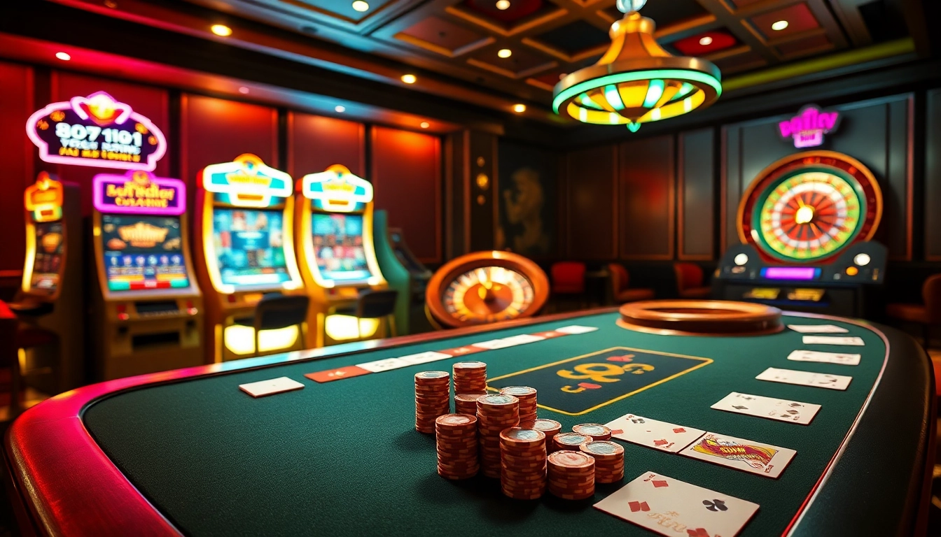 Experience the thrill of đăng ký 88i at a luxurious online casino setup with gaming tables and vibrant slot machines.