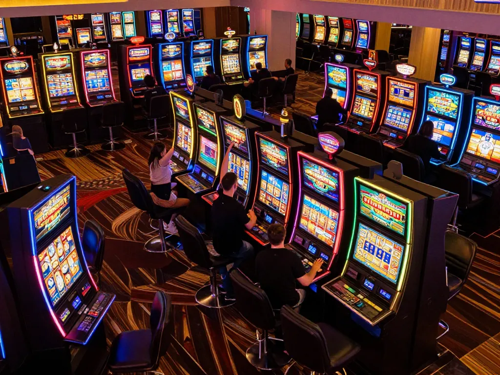 Players celebrating wins at vibrant slot machines, showcasing excitement in the world of game slot populer.