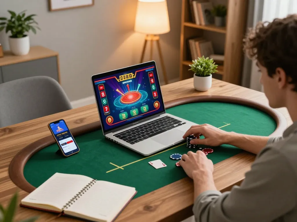 Player engaging in online casino games on their laptop at home, exploring strategies as part of the trang chủ jun88 experience.