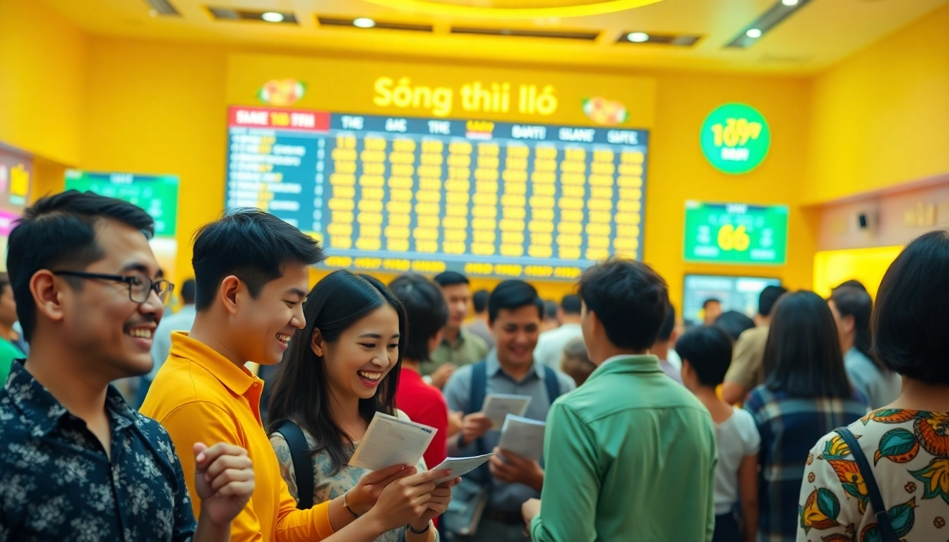 Song thủ lô players excitedly checking lottery results in a vibrant atmosphere.