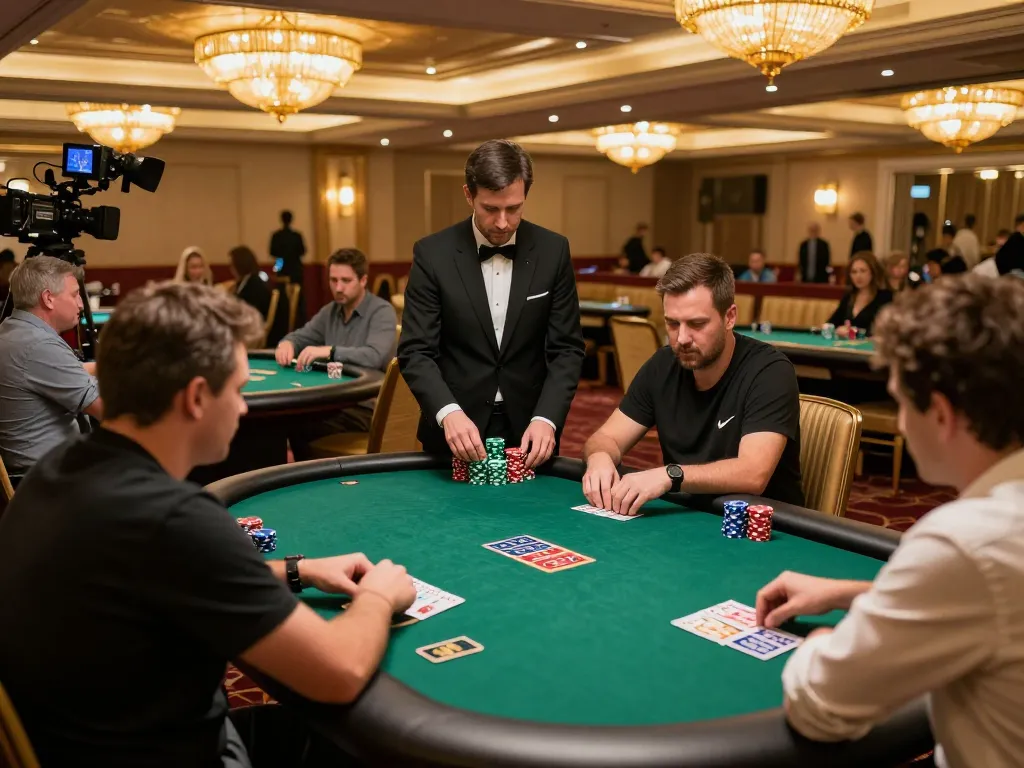 Mega888 gameplay scene showcasing players engaged in strategic poker at the upscale casino floor.
