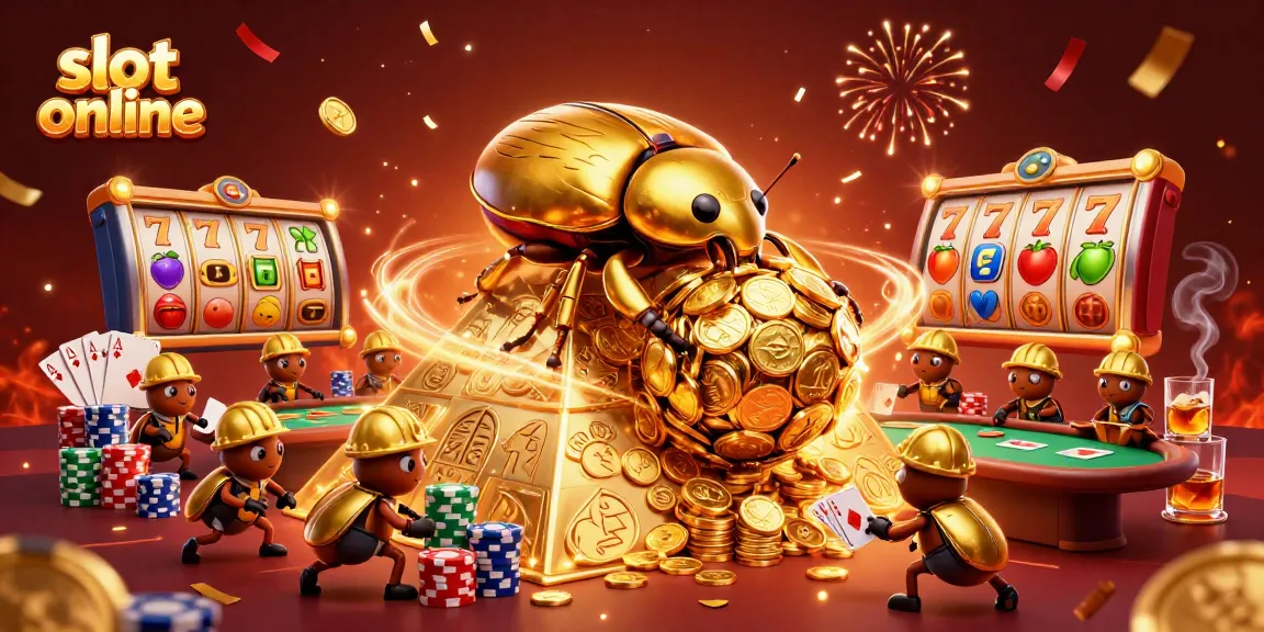 Engage in slot online excitement with a golden beetle rolling coins in a rich casino scene