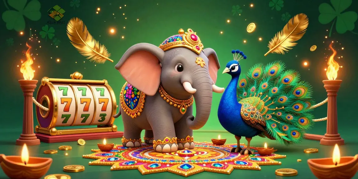 Situs slot illustration with a vibrant 3D elephant, peacock, and colorful gems in a casino-themed scene.