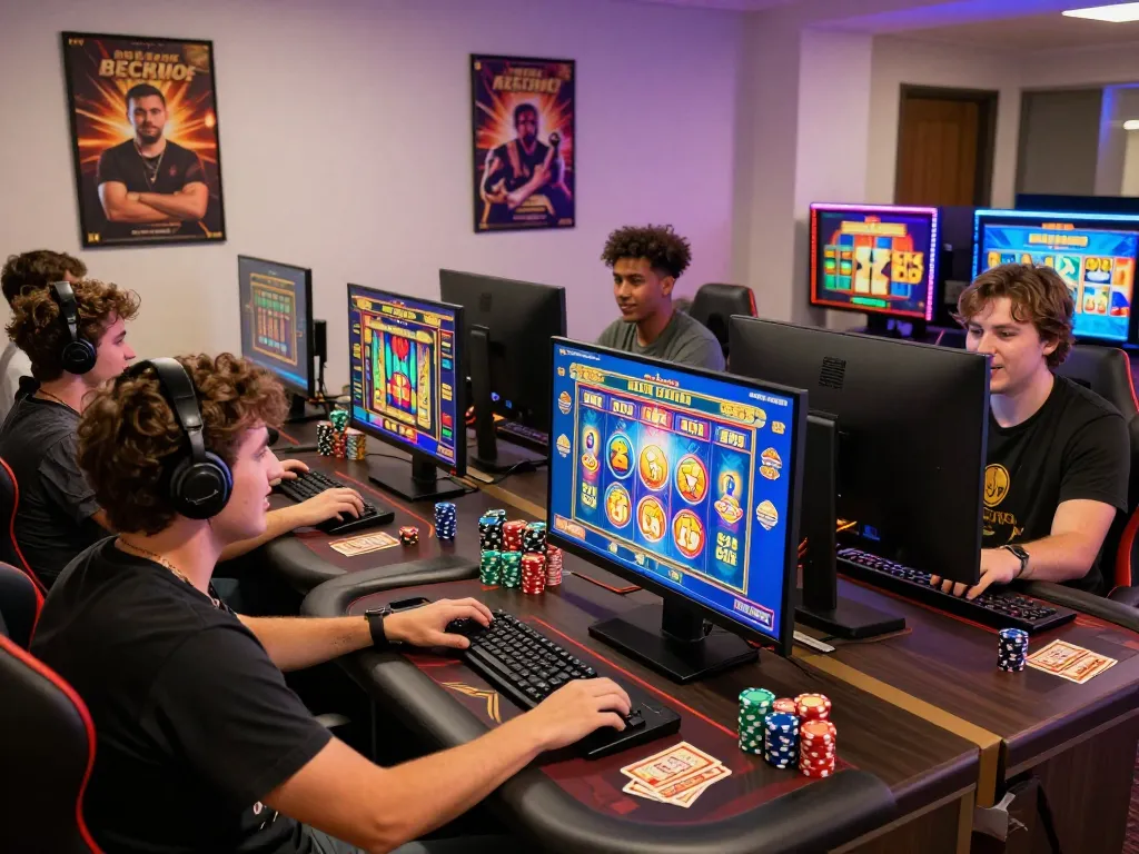Excited players at home enjoying zeus138 slots on multiple screens with vibrant game displays.
