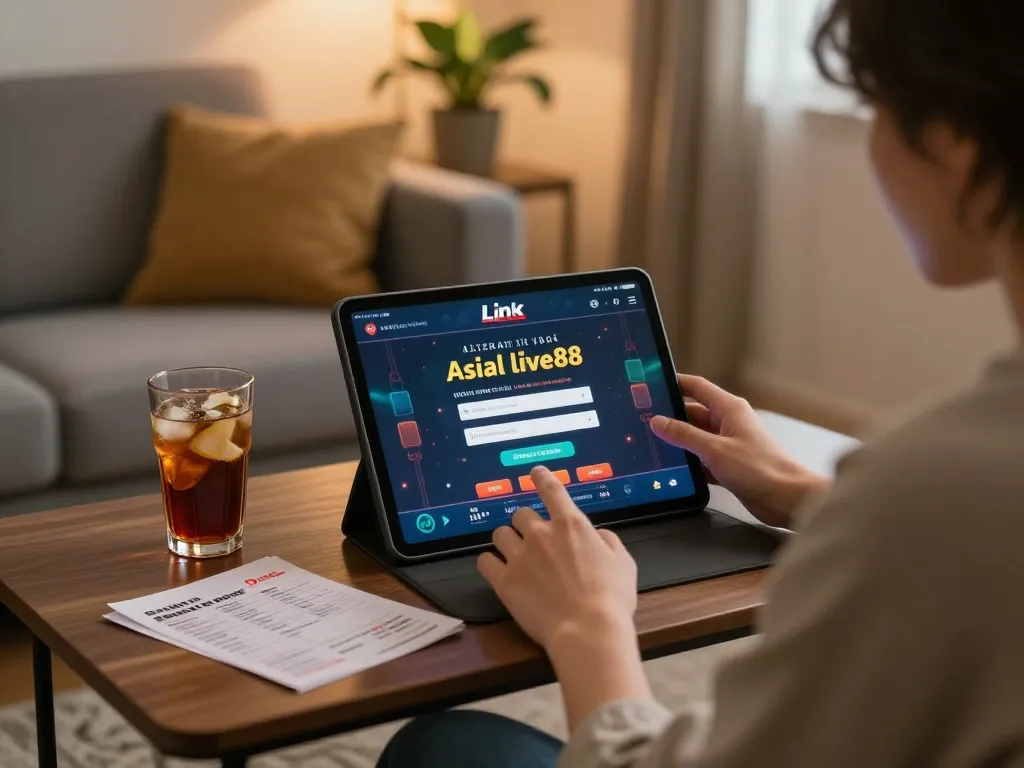 Engaging in online casino gaming with Link Alternatif Asialive88 on a tablet at home, showcasing a relaxed atmosphere.