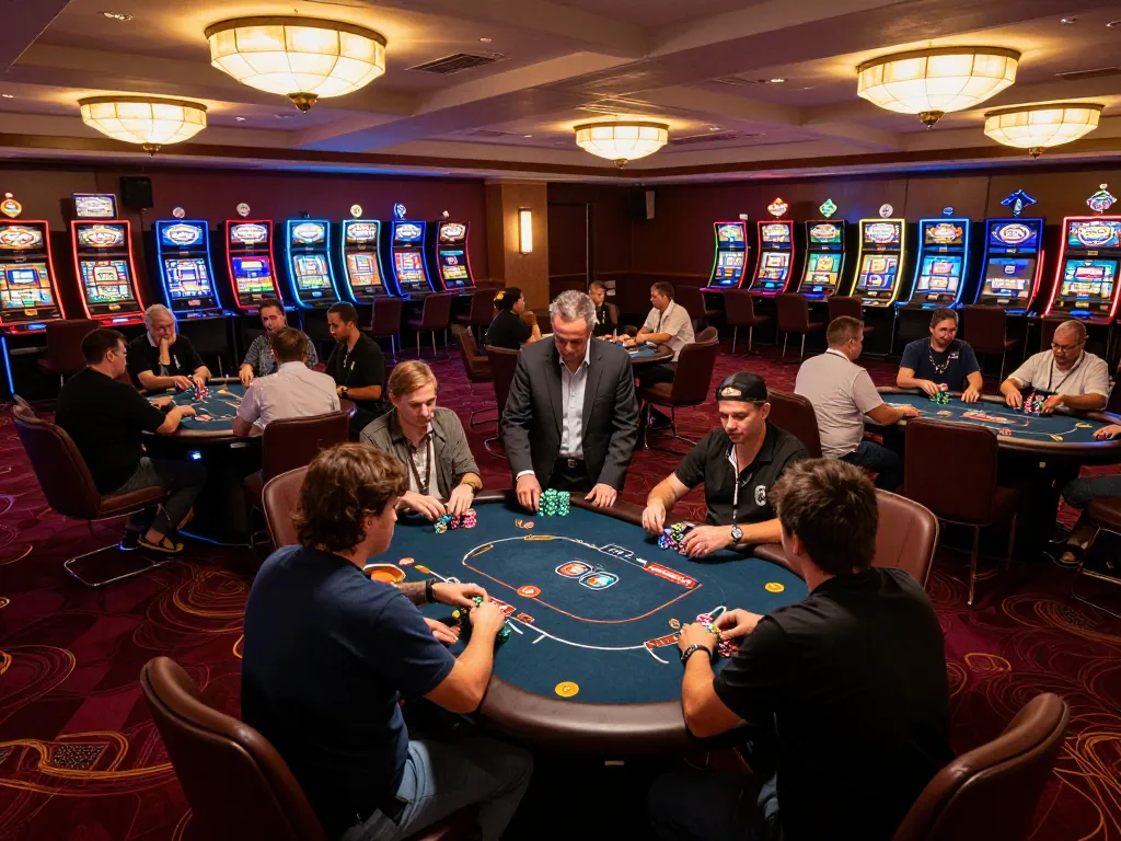 Players enjoying poker strategically at CM88's engaging casino floor amidst vibrant lights
