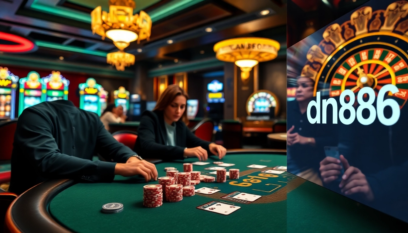 Experience strategic gambling at dn88 with high-stakes poker, vibrant slot machines, and a lively casino ambiance.