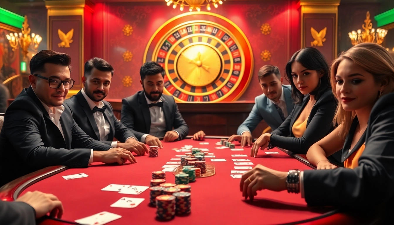 Players strategizing at a j88 poker table in a luxurious casino.