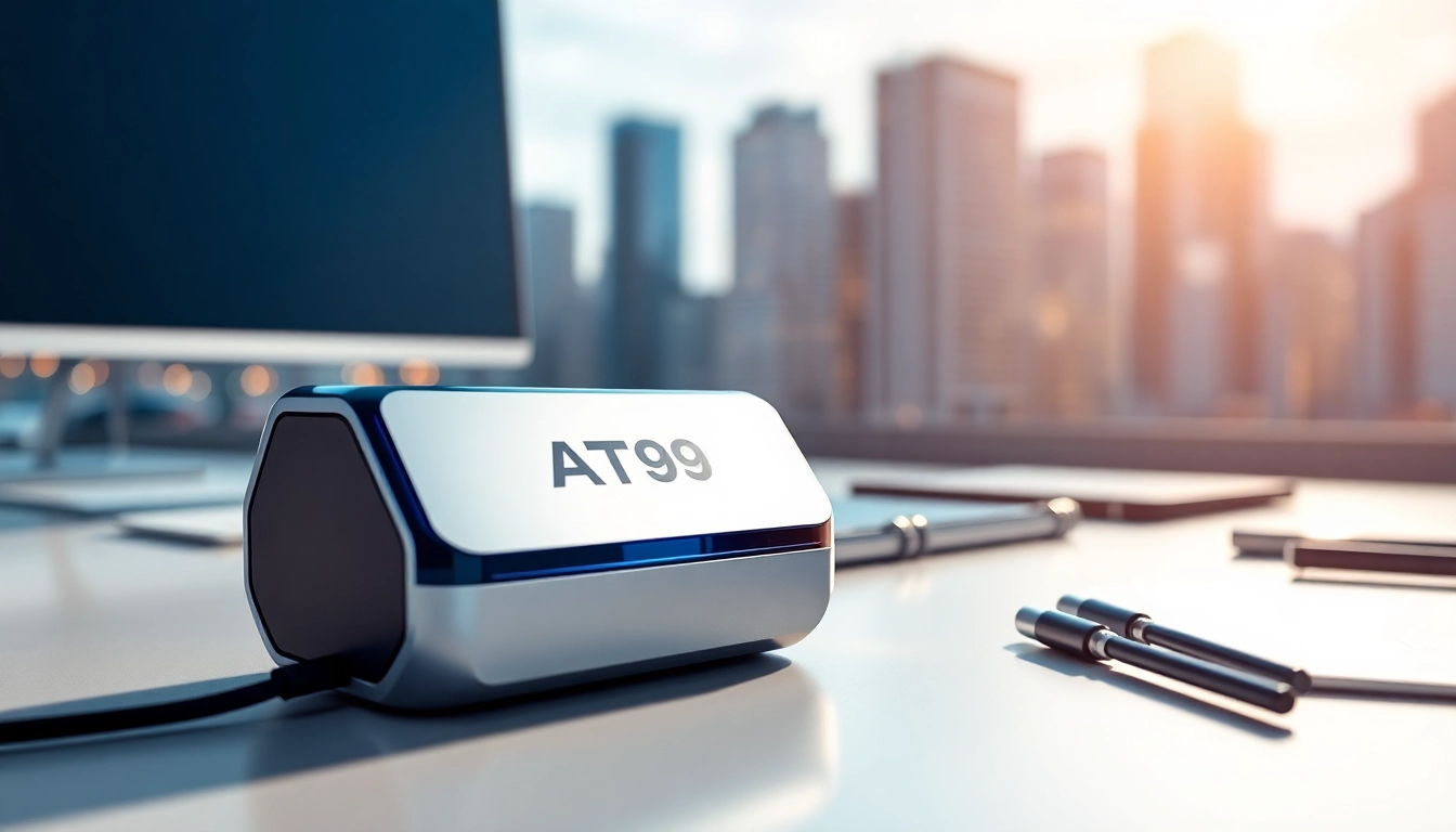 Showcasing the AT99 tech gadget with a modern workspace ambiance.