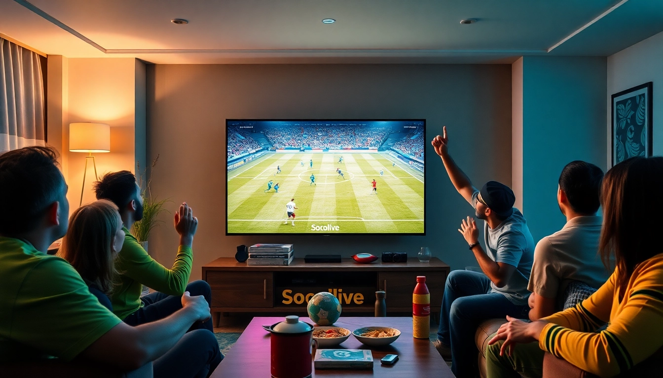 Socolive viewers cheering in a modern living room while watching a live football match on TV.