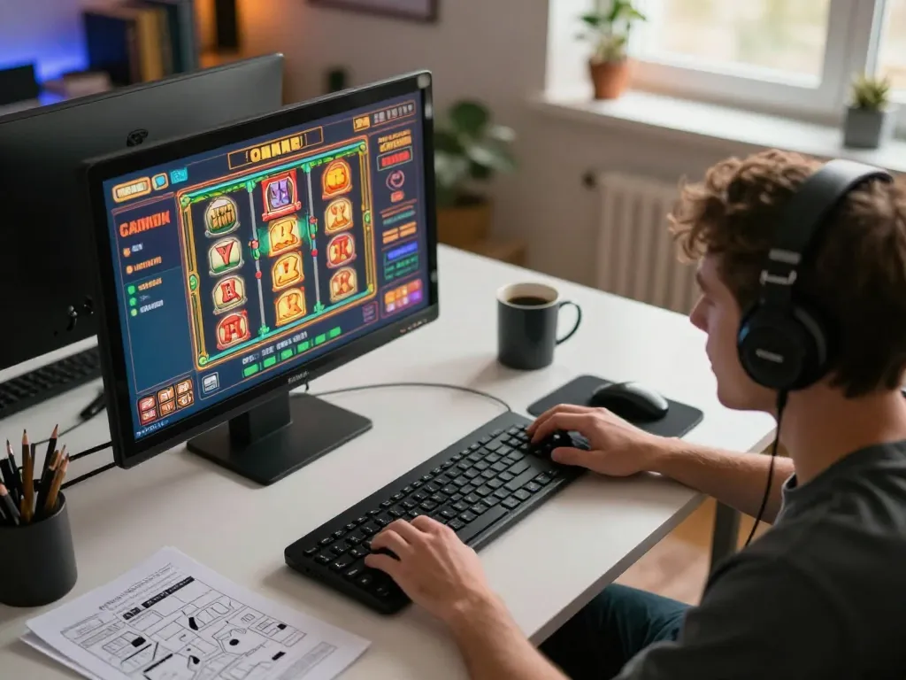 Engaging moment of a player using Fokus777 for online slot games on laptop at home.