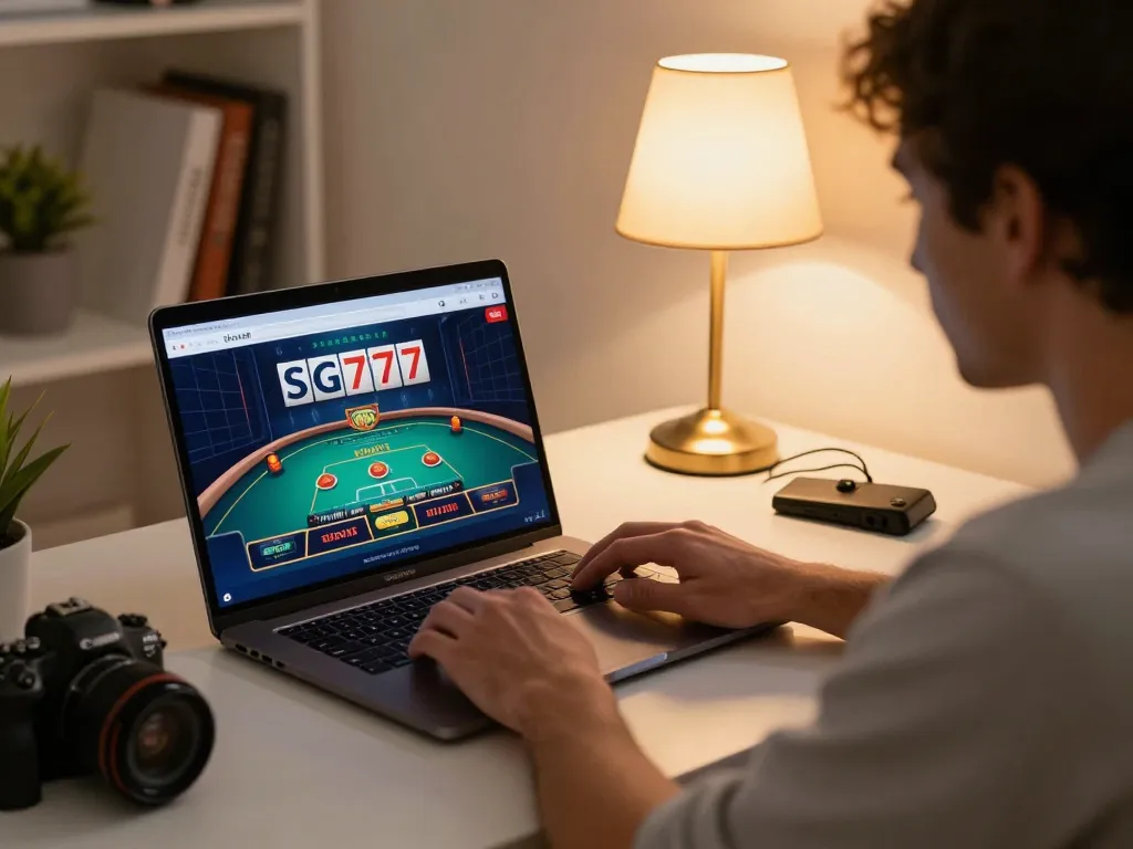 Player immersed in SG777 online gaming on laptop in cozy home setting, enhancing strategic entertainment.