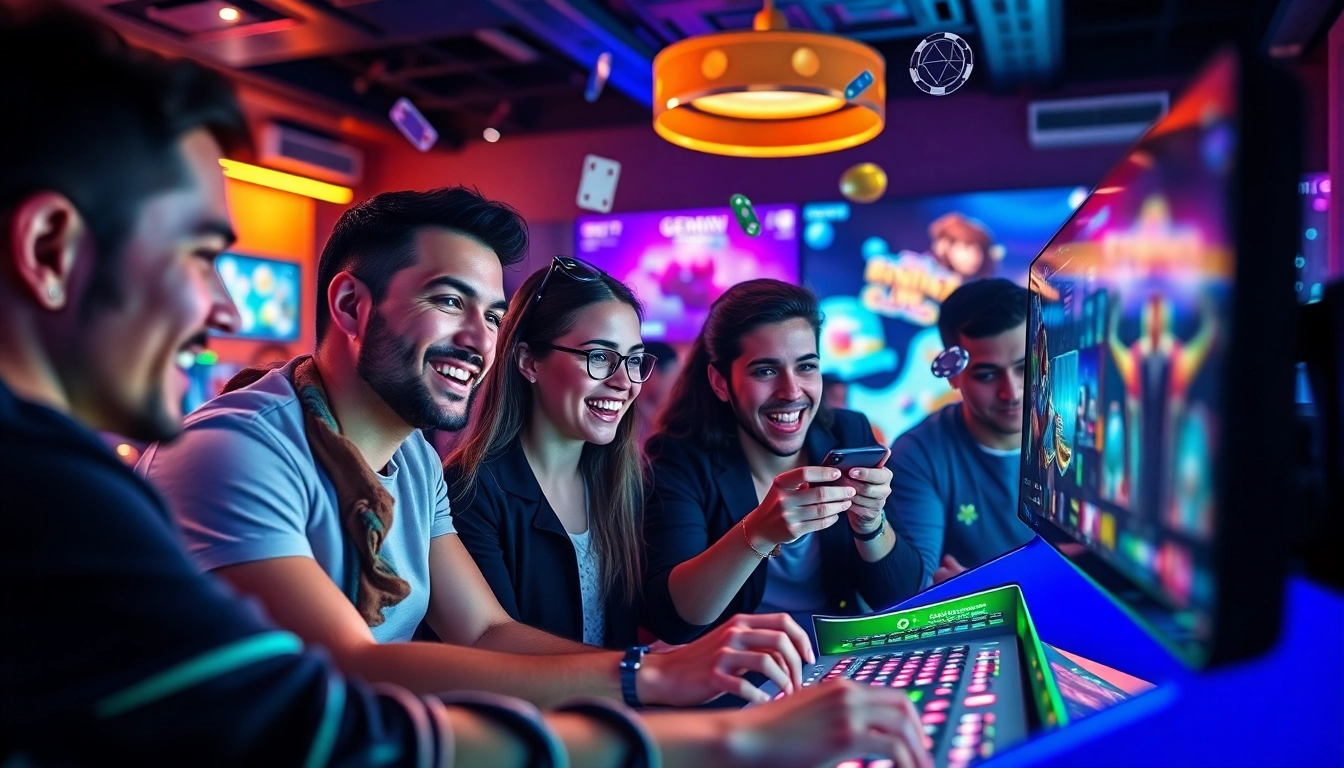 Exciting gaming scene featuring Gemwin platform with vibrant interface and eager players