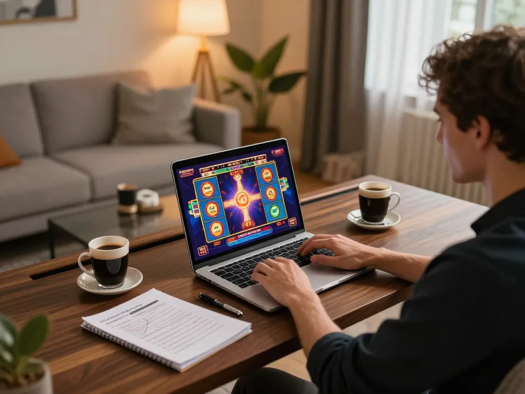 Engaging online gaming experience at home with TR88 slots on laptop, showcasing responsible entertainment.