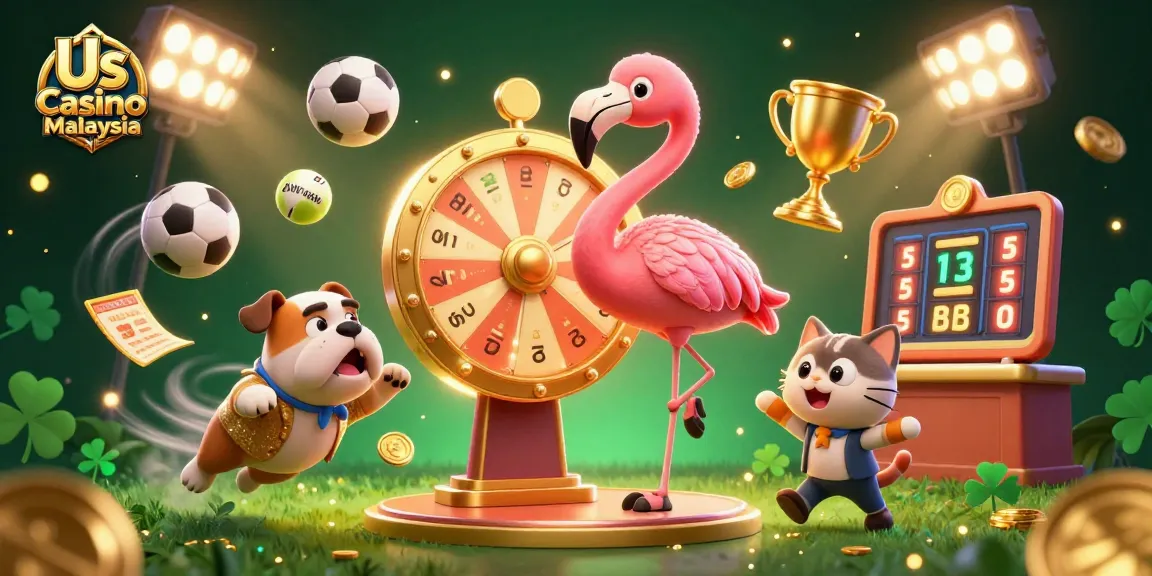 Excitedly spinning the prize wheel at Us Casino Malaysia, with vibrant game elements highlighting the thrill.
