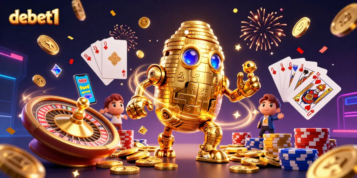 Experience vibrant winnings at debet1 with a dynamic casino scene featuring golden golem and spinning roulette.