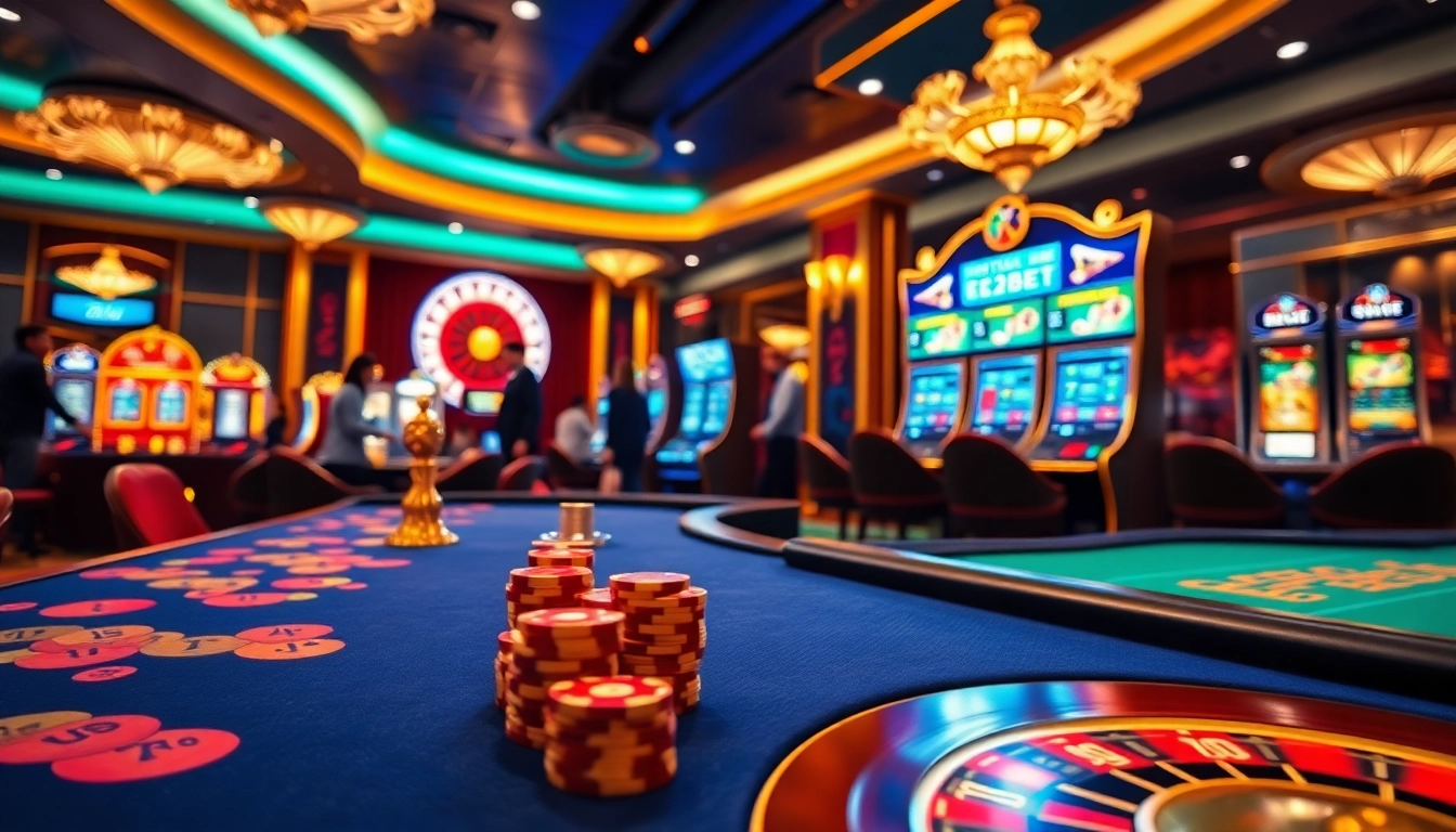 E2bet online casino interface showcasing a vibrant gaming atmosphere with players engaging at tables and slots.