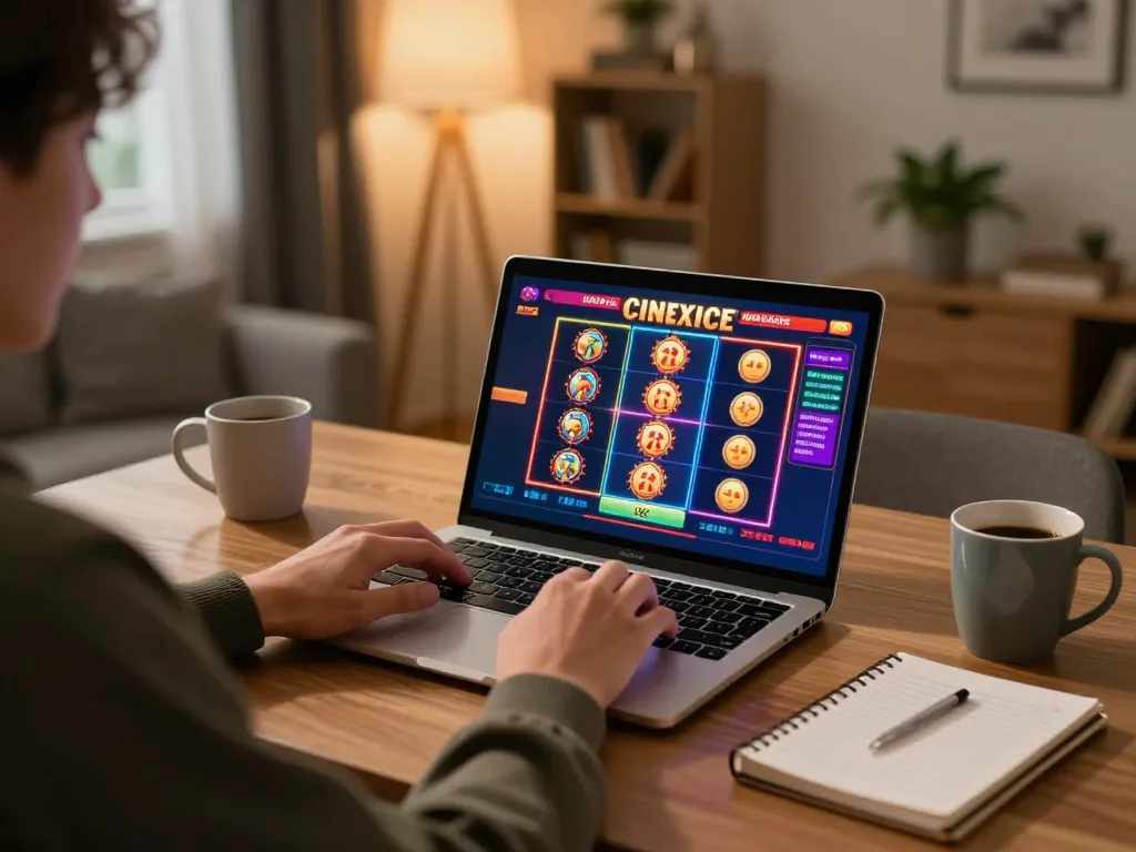 Pemain yang terlibat di slot online Gsc108, menampilkan antarmuka permainan yang cerah dalam suasana rumah yang nyaman.