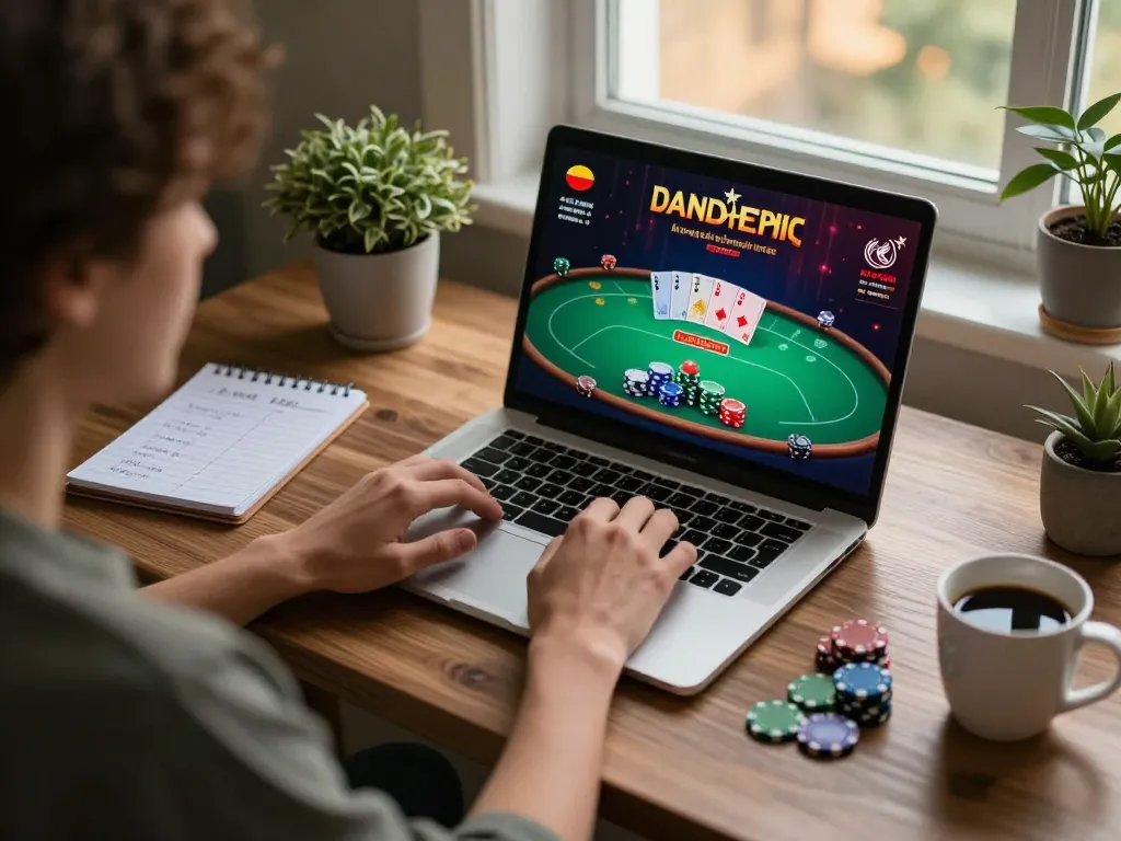 Engaging scene of a person playing at an australian online casino with poker on the laptop.