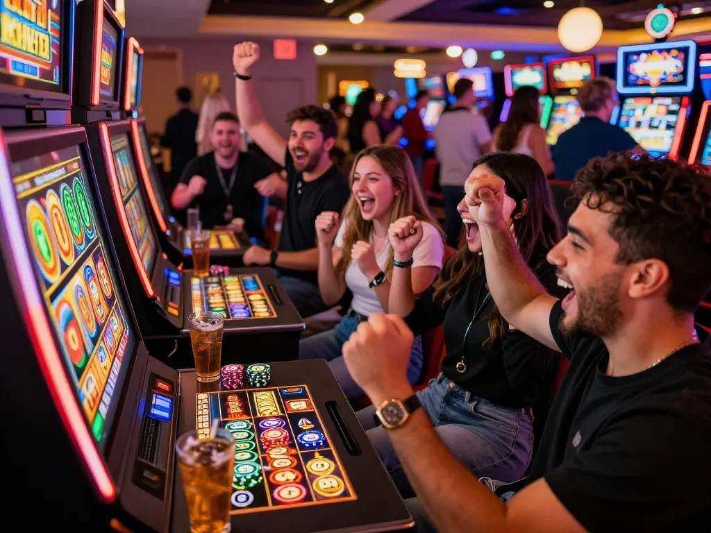 Exciting moment at a Lucky 88 slot machine in a lively casino.
