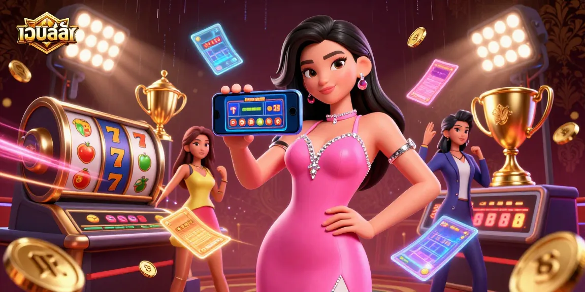 Experience เว็บสล็อต excitement with a stunning Asian woman enjoying a live dealer game on her smartphone amidst dynamic slot reels and casino elements.