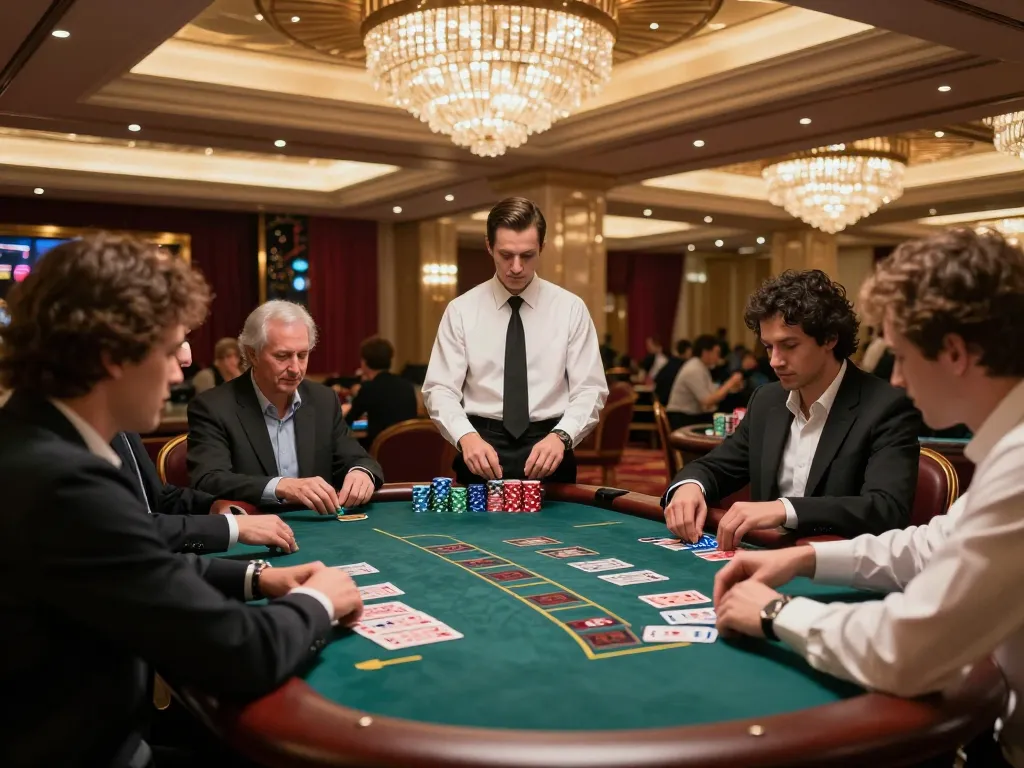 KJC blackjack table scene where players strategize their bets amidst an elegant casino atmosphere.