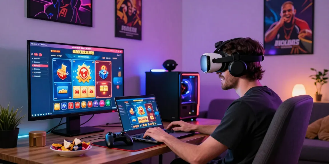 UK player on a laptop at home exploring credit card casinos https://cullengolfclub.co.uk, surrounded by gaming accessories in a vibrant atmosphere.