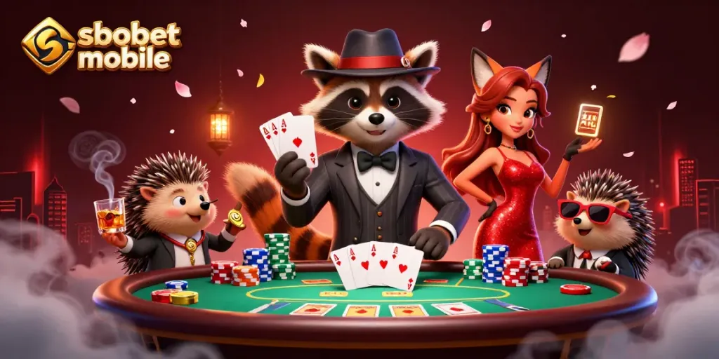 Experience sbobet mobile with a suave raccoon, stylish fox, and hedgehog in a vibrant poker scene.