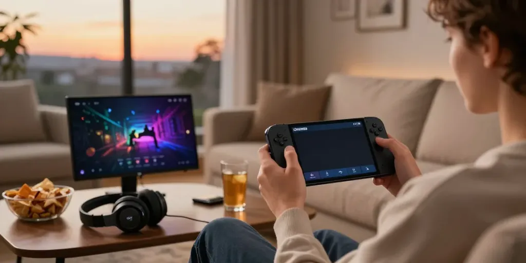 Engaged user enjoying ORION88 on mobile in cozy gaming setup.