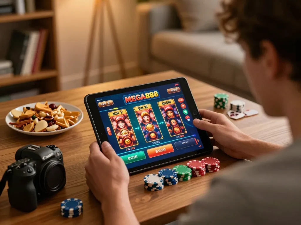 Enjoying a winning session playing MEGA888 on a tablet in a cozy living room
