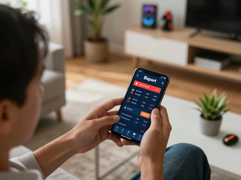 Placing strategic sports bets using the Bsport app on a smartphone in a cozy living room