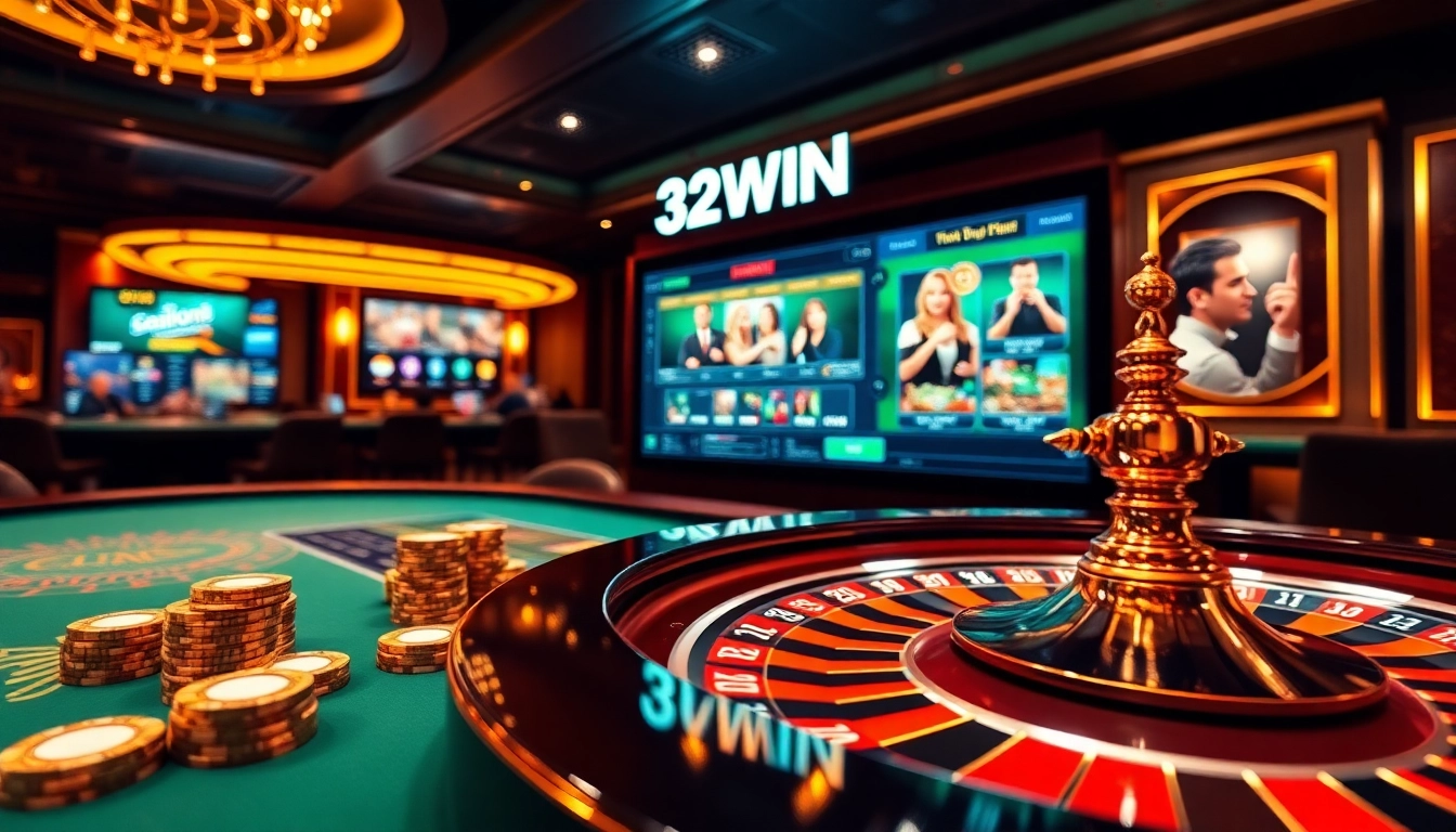 32WIN online gambling platform with elegant casino interface featuring poker chips, roulette, and excited players.