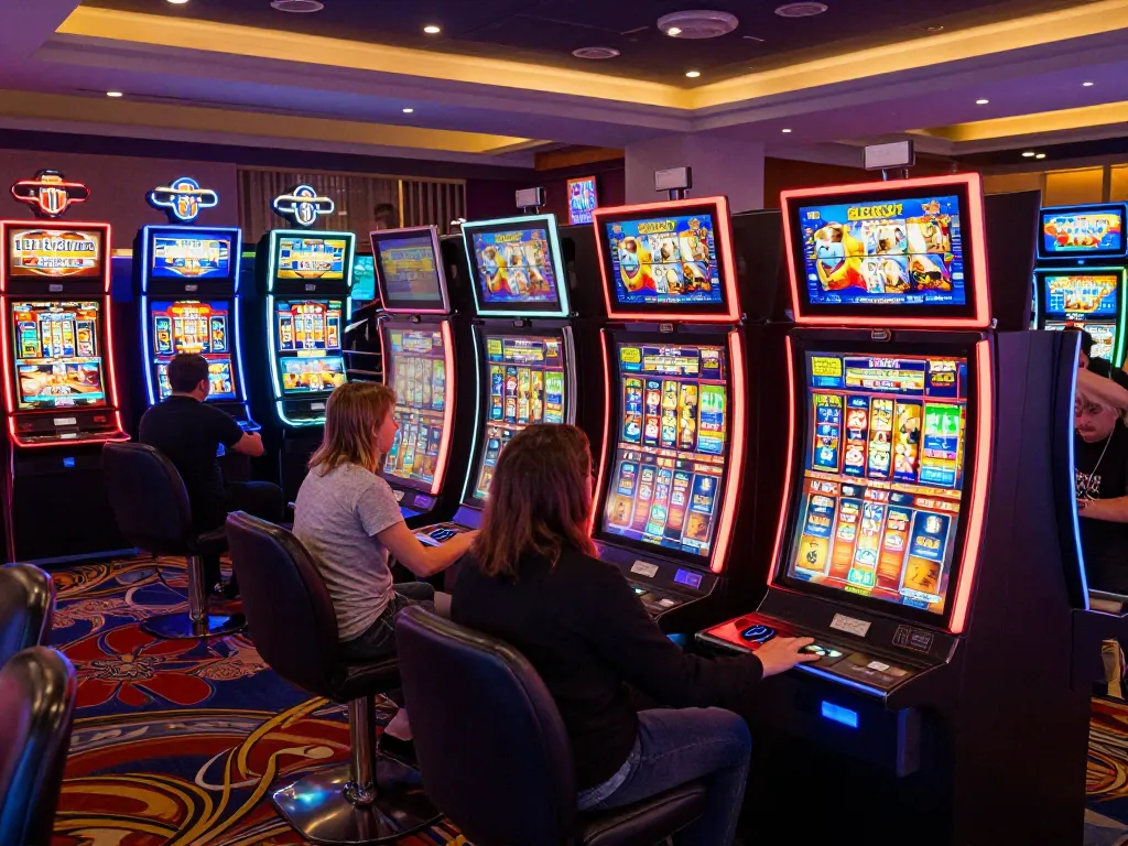 Players enjoying the excitement of link slot machines in a lively casino atmosphere