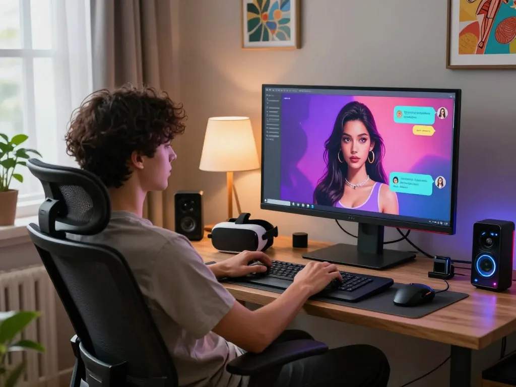 Engaging in a porn AI chat on a tech-savvy home office setup with a vibrant character display.