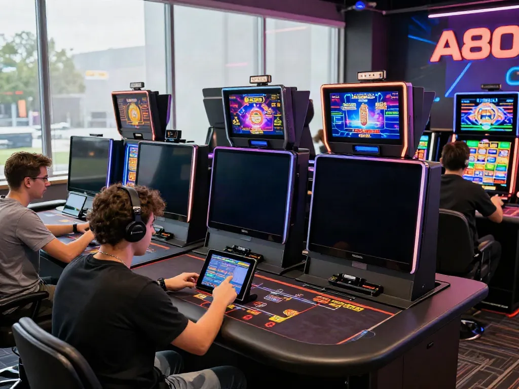 A80 online gaming platform with players enjoying various games and vibrant neon atmosphere.