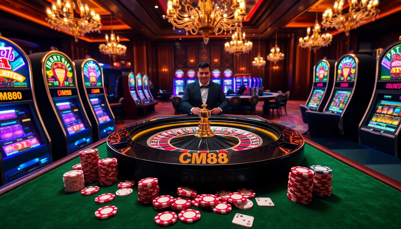 CM88 betting scene with roulette table and slot machines in a luxurious casino.