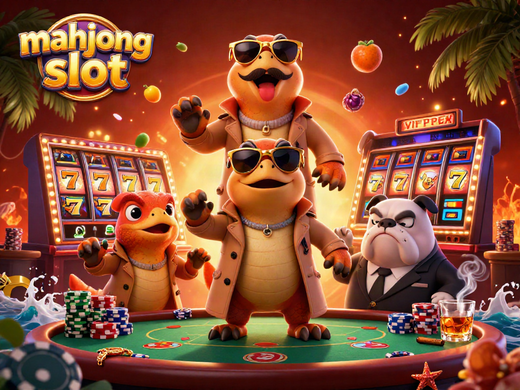 Experience thrilling mahjong slot action with cartoon raptors in a casino setting filled with vibrant game elements.