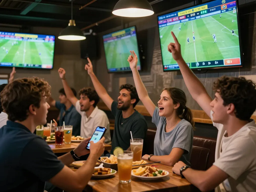 Soi kèo Brazil live betting scene with excited sports fans engaging through smartphones.