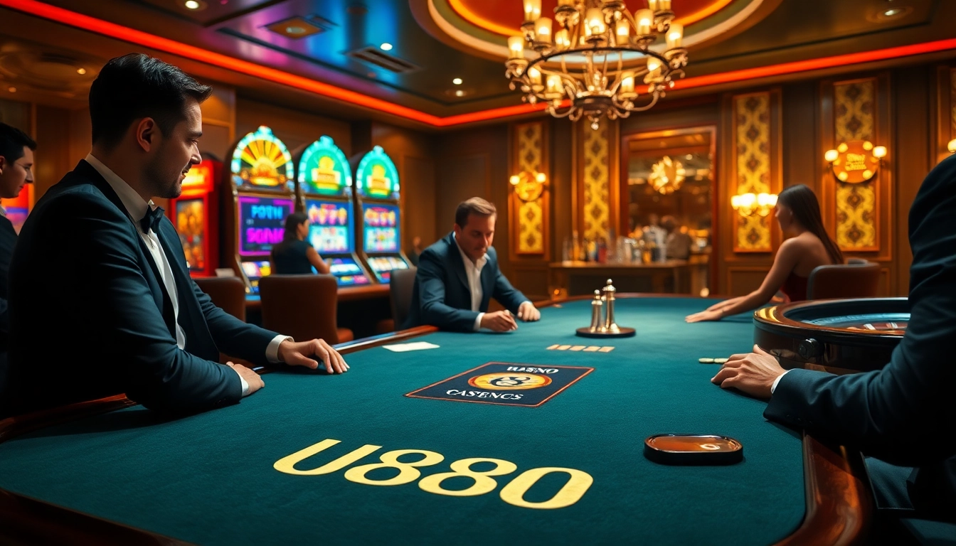 Experience high-stakes gaming at https://u888-01.in.net/ with a luxurious poker table and slot machines.