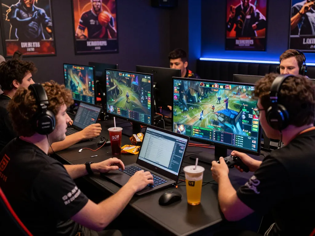 Dota 2 betting scene with passionate gamers analyzing match stats and betting odds for an immersive esports experience.